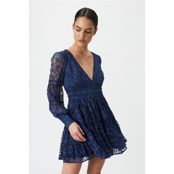 [Bardot] Navy Blue Deep V-Neck Venice Floral Lace Tiered Mini Dress Size Large L - Picture 1 of 13